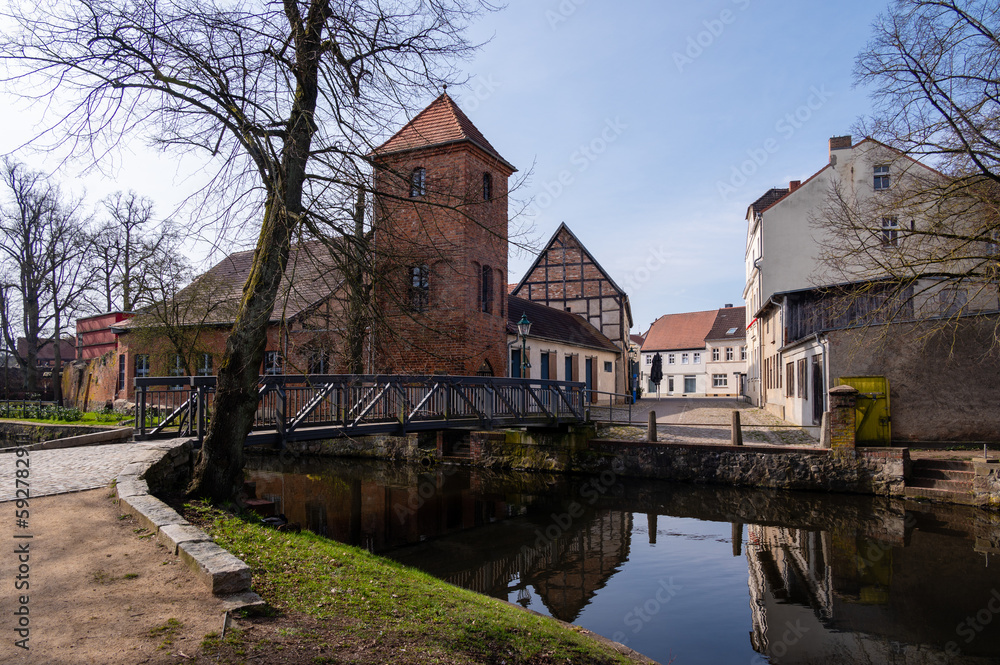 Fototapeta premium Library tower at the Stepenitz river in Perleberg in Germany