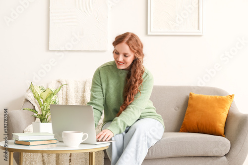 Beautiful redhead woman using laptop at home