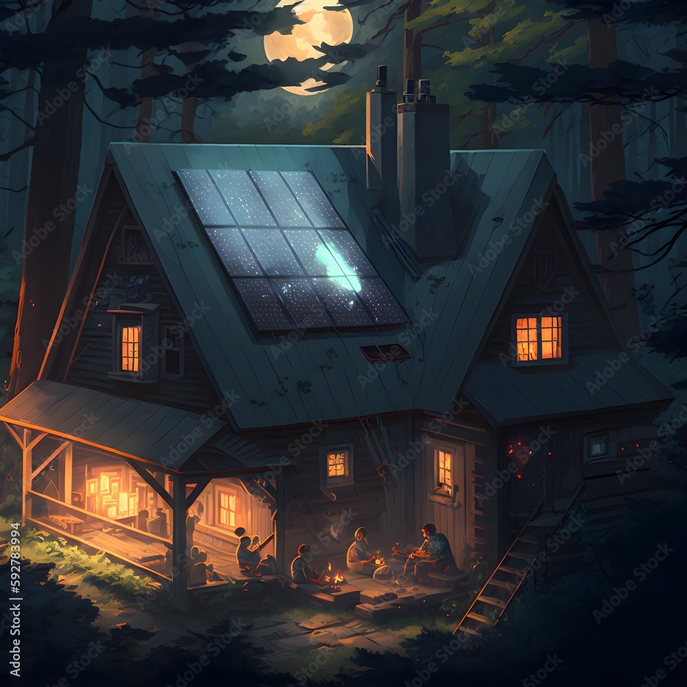 the roof of a cabin in the woods is full of solar panels family and ...