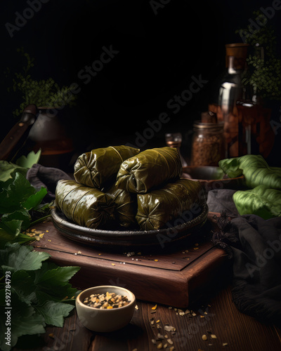 Delicious Stuffed Grape Leaves from Greek and Eastern Mediterranean Cuisine, Dolmades, Generative AI