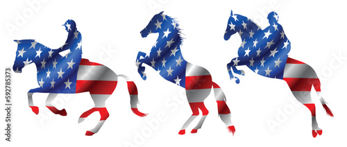 Horse silhouette with American flag, Hippodrome racing, gallop - vector illustration isolated on white - 