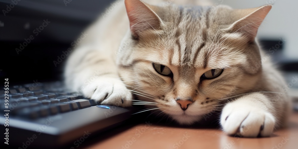 cute cat curled up on keyboard pretending to work like its owner, concept of Anthropomorphism and Pet Therapy, created with Generative AI technology cute cat curled up on keyboard pretending to work like its owner, concept of Anthropomorphism and Pet Therapy, created with Generative AI technology