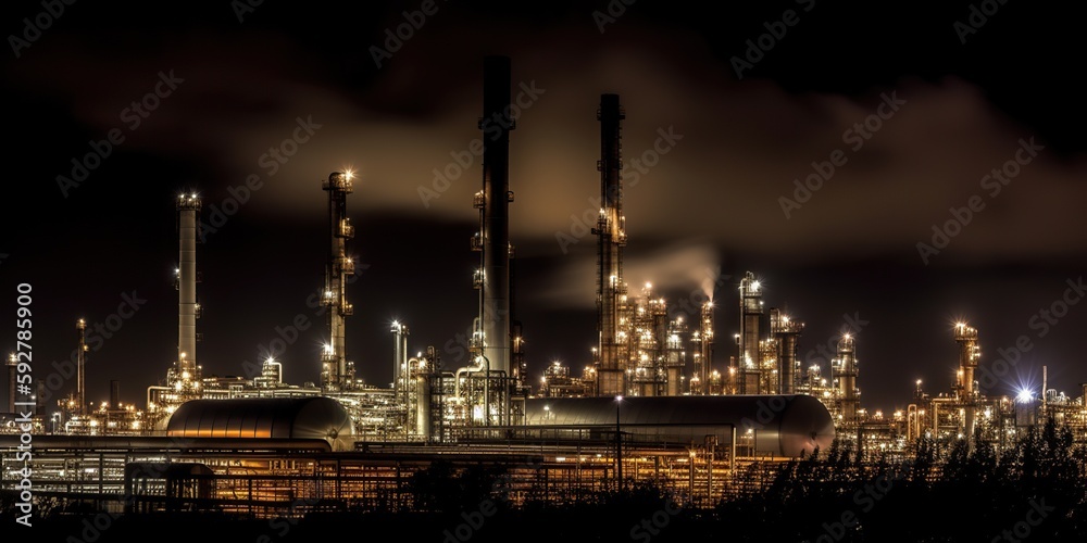 dramatic image of refinery at night with pipes chimneys and smokestacks illuminated against dark sky, concept of Industrialization and Pollution, created with Generative AI technology