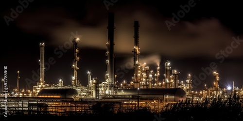 dramatic image of refinery at night with pipes chimneys and smokestacks illuminated against dark sky, concept of Industrialization and Pollution, created with Generative AI technology