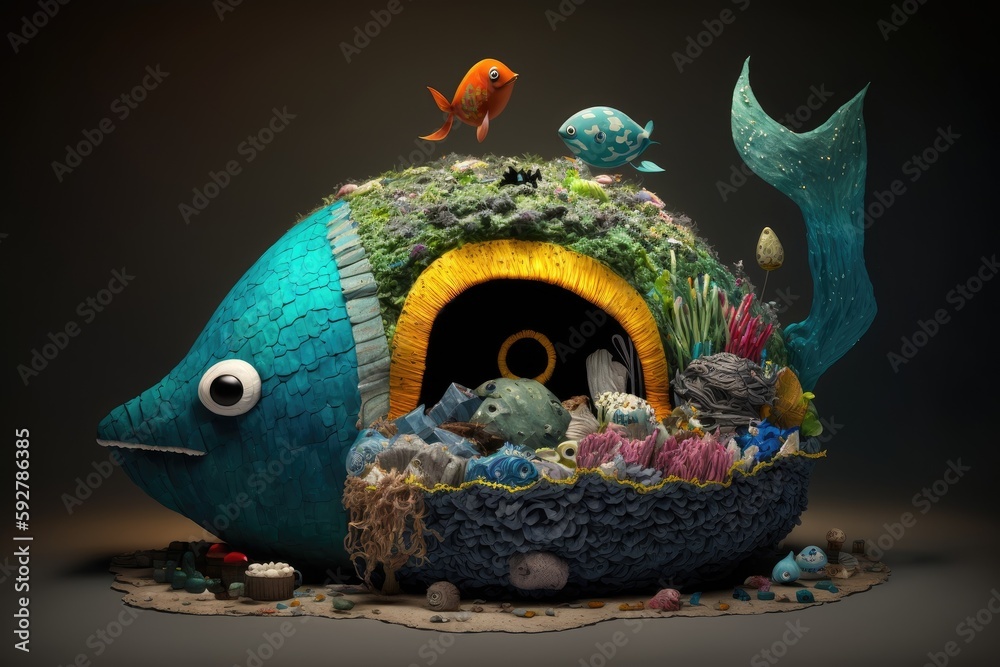 a surreal float island made from a collection of recycled materials and ...