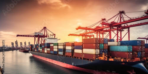 container ship in harbor with massive cranes lifting and moving cargo containers highlighting the importance of global trade and logistics, created with Generative AI technology