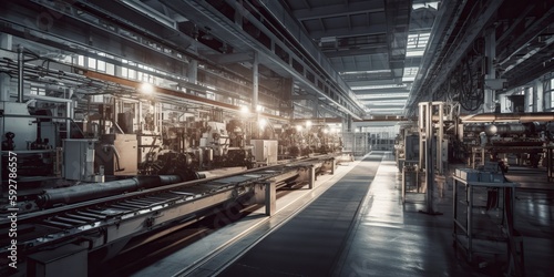 factory floor with machinery conveyor belts and workers in hard hats appeals to those interested in industrial production and automation, created with Generative AI technology