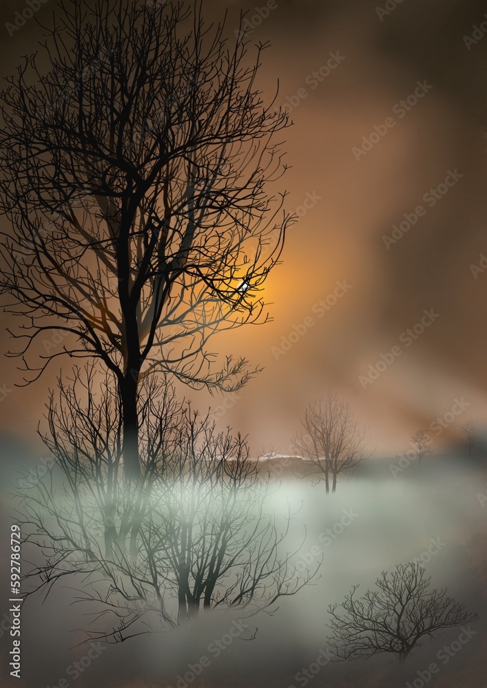 Obraz premium Cold morning, drawing made depicting a cold morning with fog, hand drawn illustration.