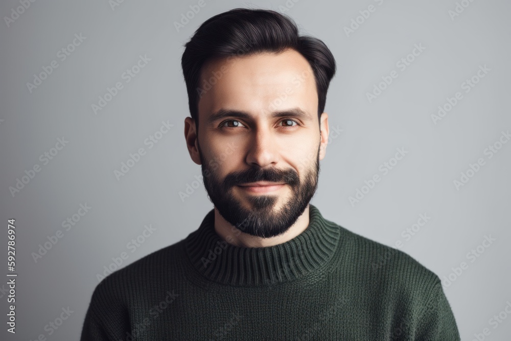 Portrait of handsome young man with beard and mustache in green sweater looking at camera Portrait of handsome young man with beard and mustache in green sweater looking at camera