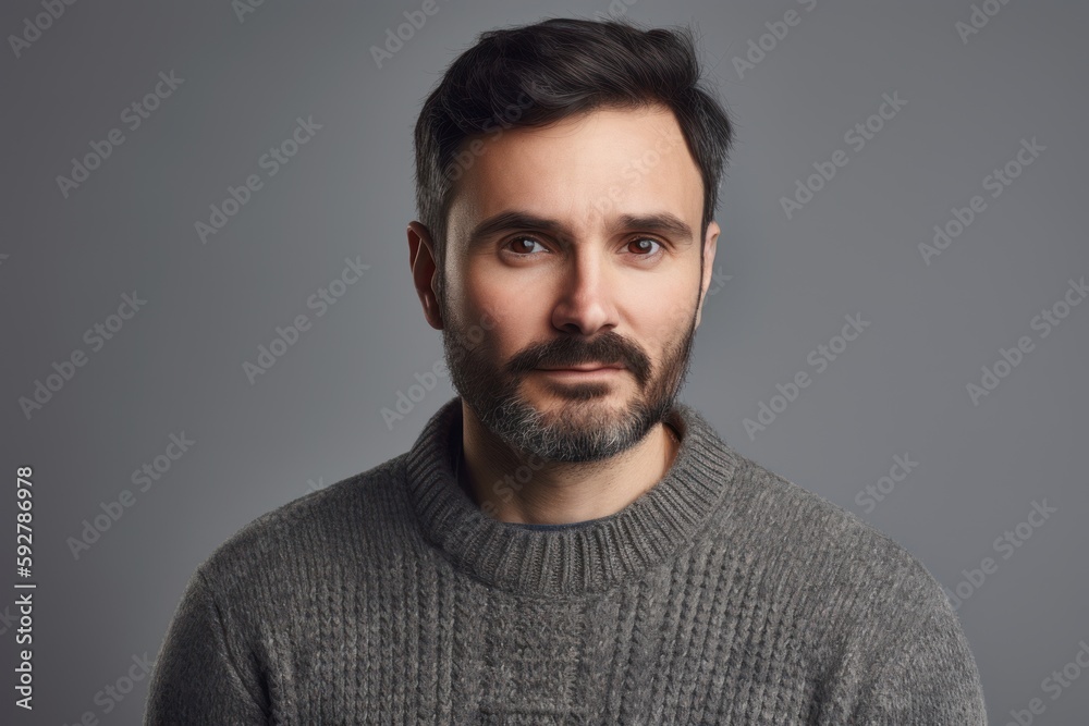 Portrait of a bearded man in a gray sweater on a gray background Portrait of a bearded man in a gray sweater on a gray background