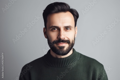Portrait of handsome young man with beard and mustache in green sweater looking at camera
