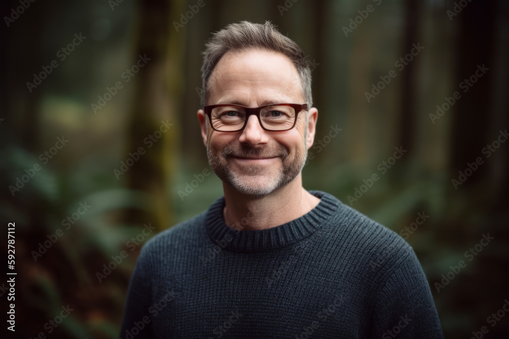 Portrait of a handsome mature man with glasses in a dark forest Portrait of a handsome mature man with glasses in a dark forest