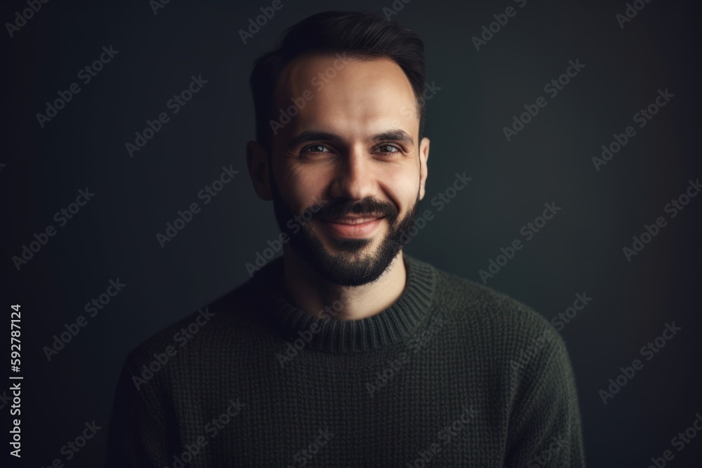 Portrait of a handsome bearded man in a sweater on a dark background