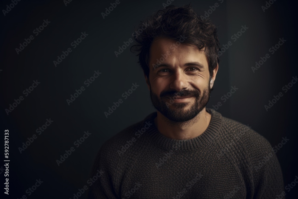 Portrait of a handsome man in a gray sweater on a dark background