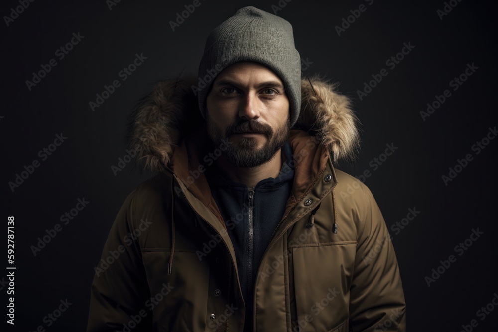 Handsome bearded man in a warm jacket and hat on a dark background Handsome bearded man in a warm jacket and hat on a dark background