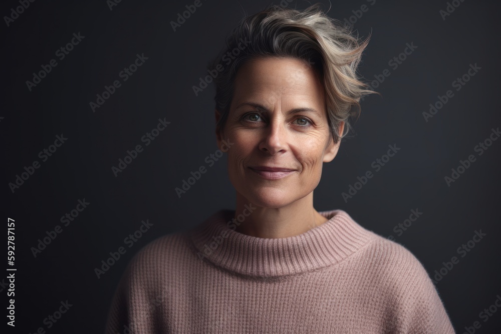 Portrait of a middle-aged woman in a pink sweater on a dark background Portrait of a middle-aged woman in a pink sweater on a dark background