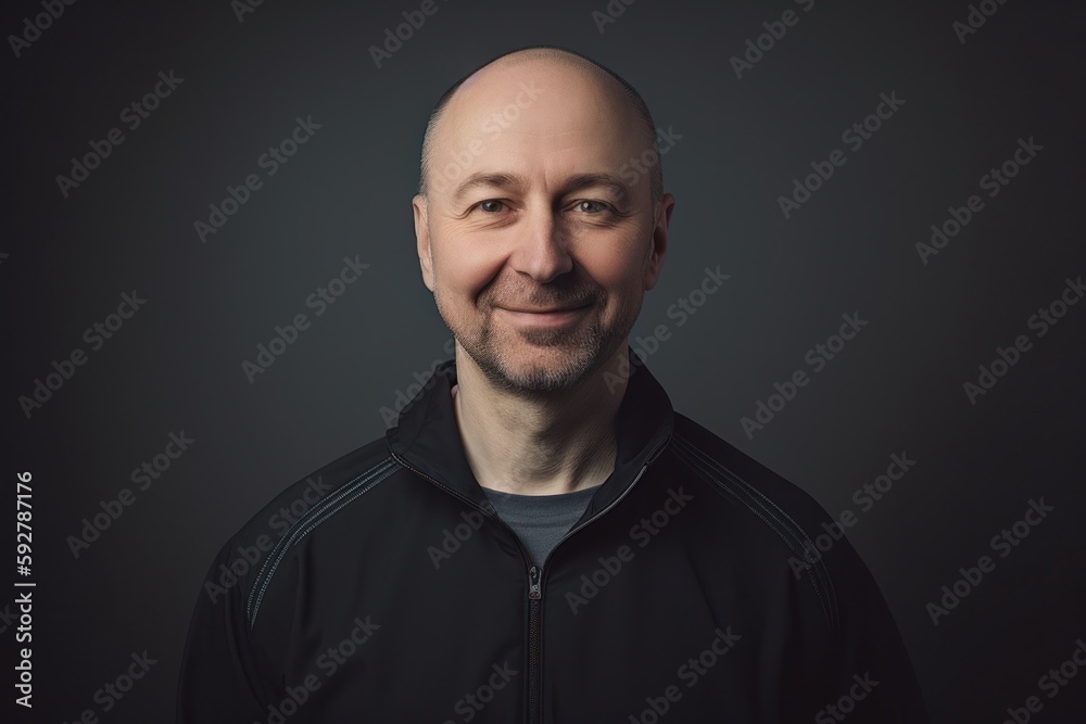 Portrait of a bald man in a black hoodie on a dark background Portrait of a bald man in a black hoodie on a dark background