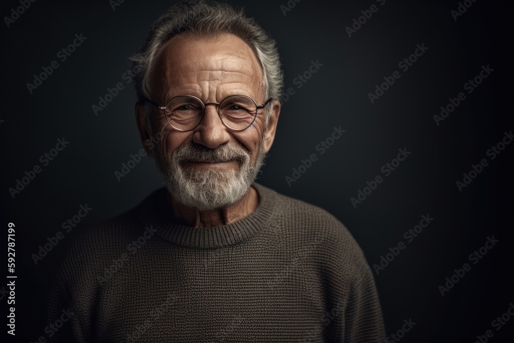 Lifestyle portrait photography of a satisfied man in his 70s wearing a cozy sweater against a minimalist or empty room background. Generative AI Lifestyle portrait photography of a satisfied man in his 70s wearing a cozy sweater against a minimalist or empty room background. Generative AI