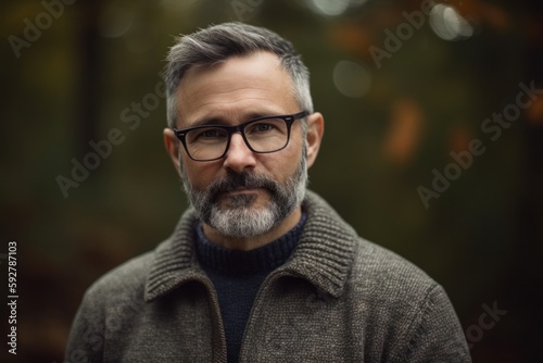 Portrait of a middle-aged man with gray beard and glasses in the autumn forest