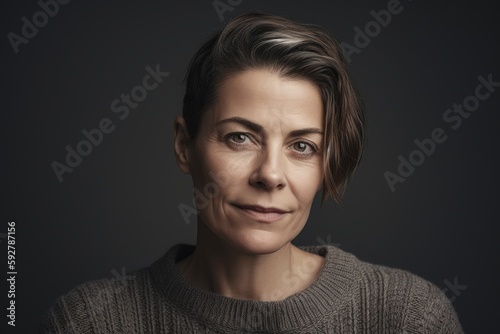 Portrait of a mature woman in a sweater on a dark background