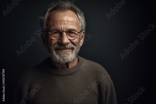 Lifestyle portrait photography of a satisfied man in his 70s wearing a cozy sweater against a minimalist or empty room background. Generative AI