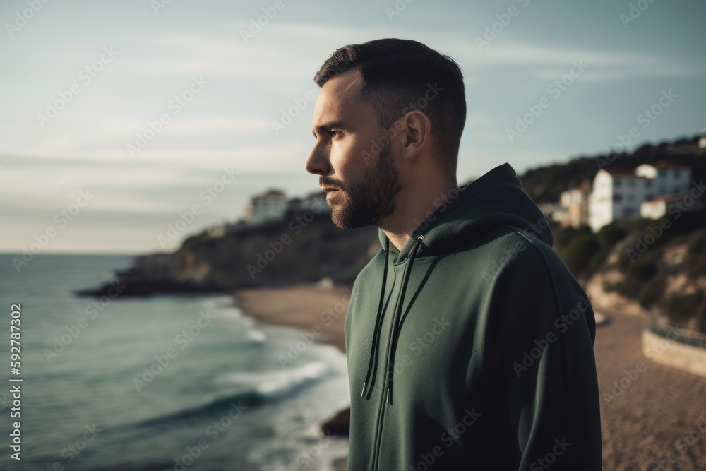 Portrait of a handsome young man with beard in sportswear standing on the beach and looking away