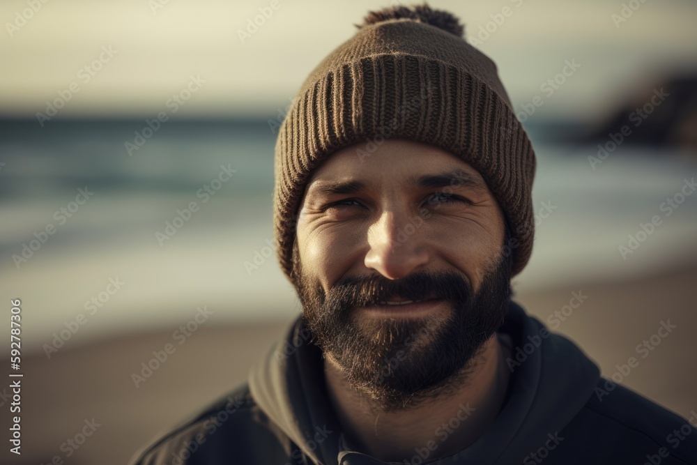 Portrait of a handsome bearded man in a warm hat on the beach Portrait of a handsome bearded man in a warm hat on the beach