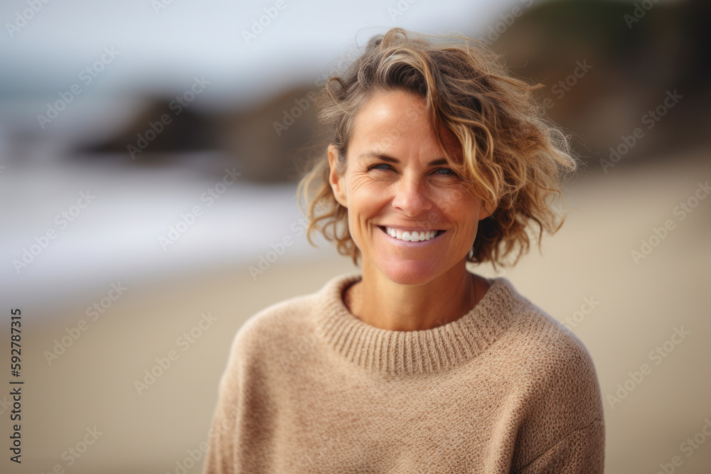 Portrait of smiling middle aged woman standing on beach with arms crossed