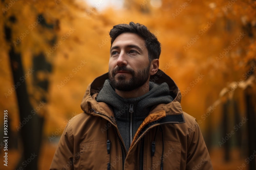 Portrait of a handsome bearded man in a brown jacket on an autumn background. Portrait of a handsome bearded man in a brown jacket on an autumn background.