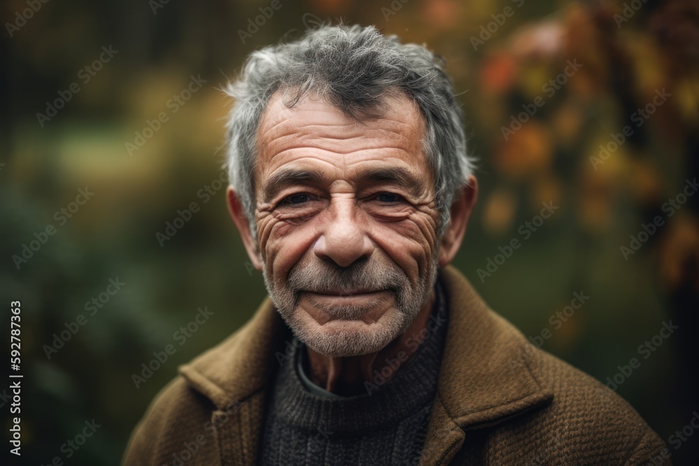 Portrait of an elderly man in the autumn forest. Close-up.