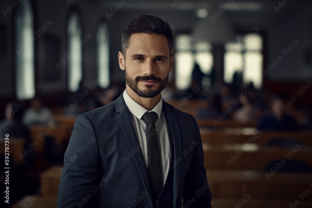 Portrait of handsome young businessman in suit looking at camera while standing in conference hall Portrait of handsome young businessman in suit looking at camera while standing in conference hall
