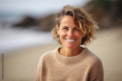 Portrait of smiling middle aged woman standing on beach with arms crossed