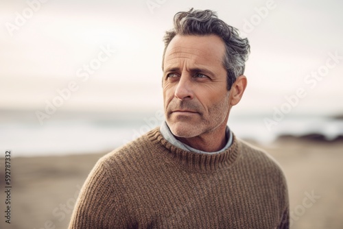 Lifestyle portrait photography of a pleased man in his 40s wearing a cozy sweater against a beach background. Generative AI
