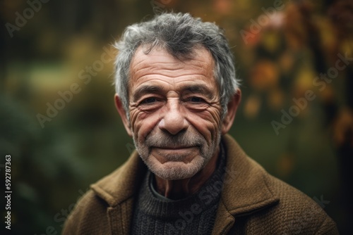 Portrait of an elderly man in the autumn forest. Close-up.