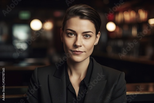 Portrait of a beautiful young business woman in a suit at the bar.