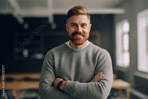 Portrait of a confident young man standing with his arms crossed in the office.