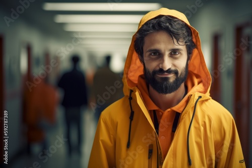 Environmental portrait photography of a pleased man in his 30s wearing a vibrant raincoat against a classroom or educational setting background. Generative AI
