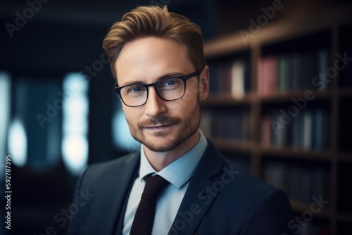 Portrait of handsome young businessman in eyeglasses looking at camera in office