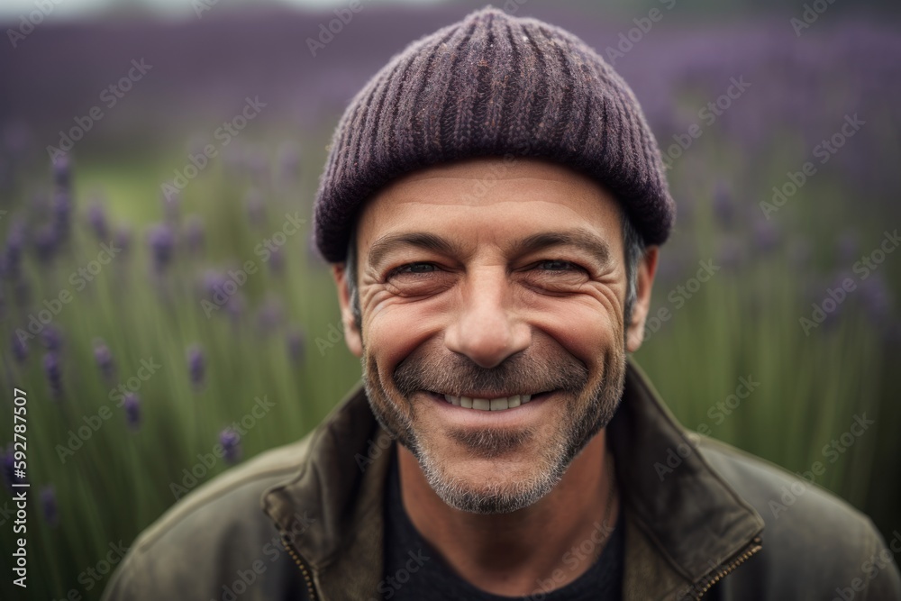Portrait of smiling middle-aged man in lavender field. Portrait of smiling middle-aged man in lavender field.