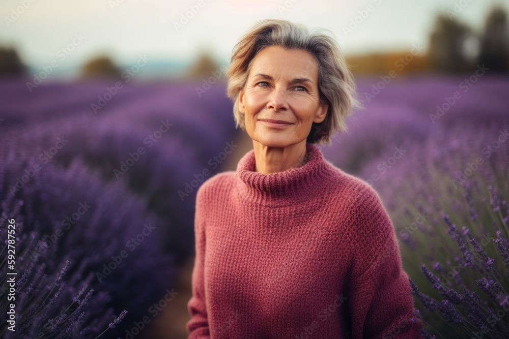 Portrait of happy senior woman standing in lavender field at sunset Portrait of happy senior woman standing in lavender field at sunset