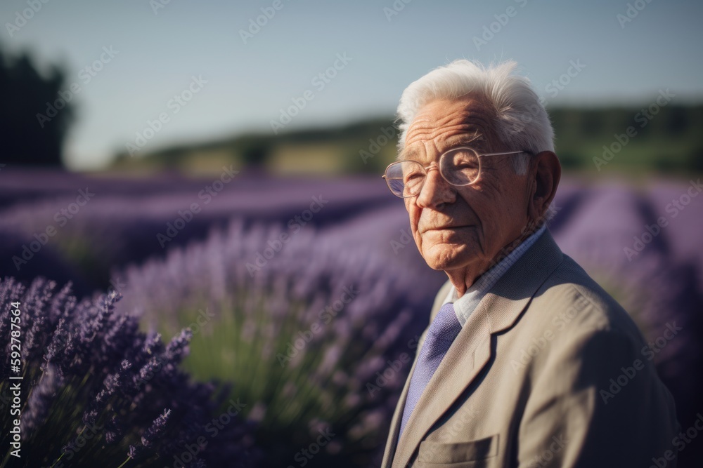 Portrait of senior man in a lavender field. Elderly man in a lavender field.