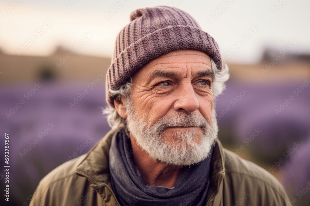 Portrait of a senior man standing in a lavender field. Portrait of a senior man standing in a lavender field.