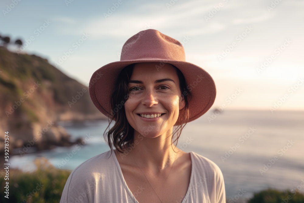 Portrait of a smiling young woman in hat on the beach at sunset