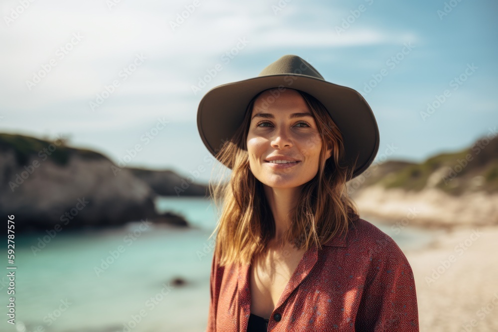 Portrait of a smiling young woman in hat standing on the beach