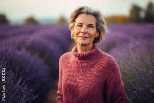 Portrait of happy senior woman standing in lavender field at sunset