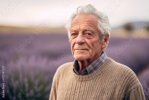 Portrait of senior man standing in lavender field, looking at camera