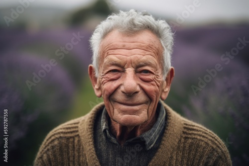 Portrait of a senior man in a lavender field smiling at the camera