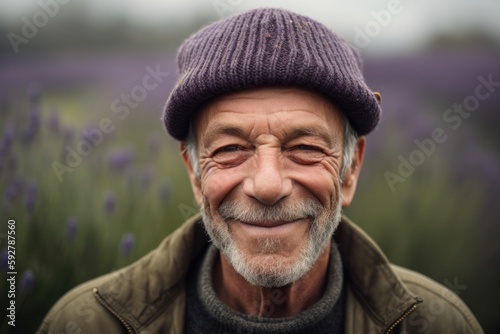 Portrait of a smiling senior man standing in lavender field.