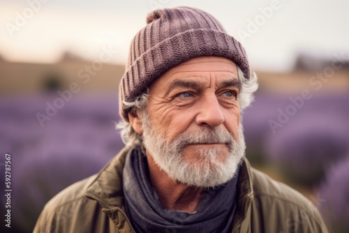 Portrait of a senior man standing in a lavender field.