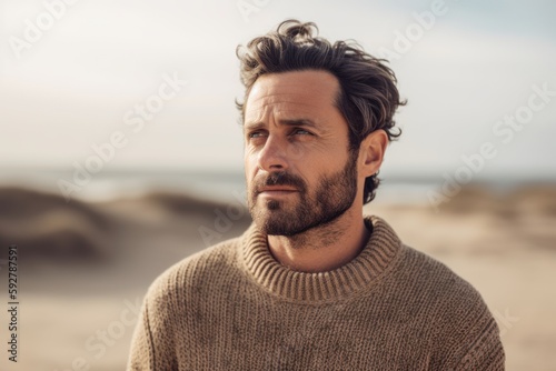 Portrait of handsome man in sweater looking away while standing on beach
